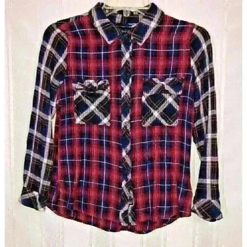 Rails Navy Blue and Red Girls Size M Checkered Plaid Long Sleeve Button-Up Shirt